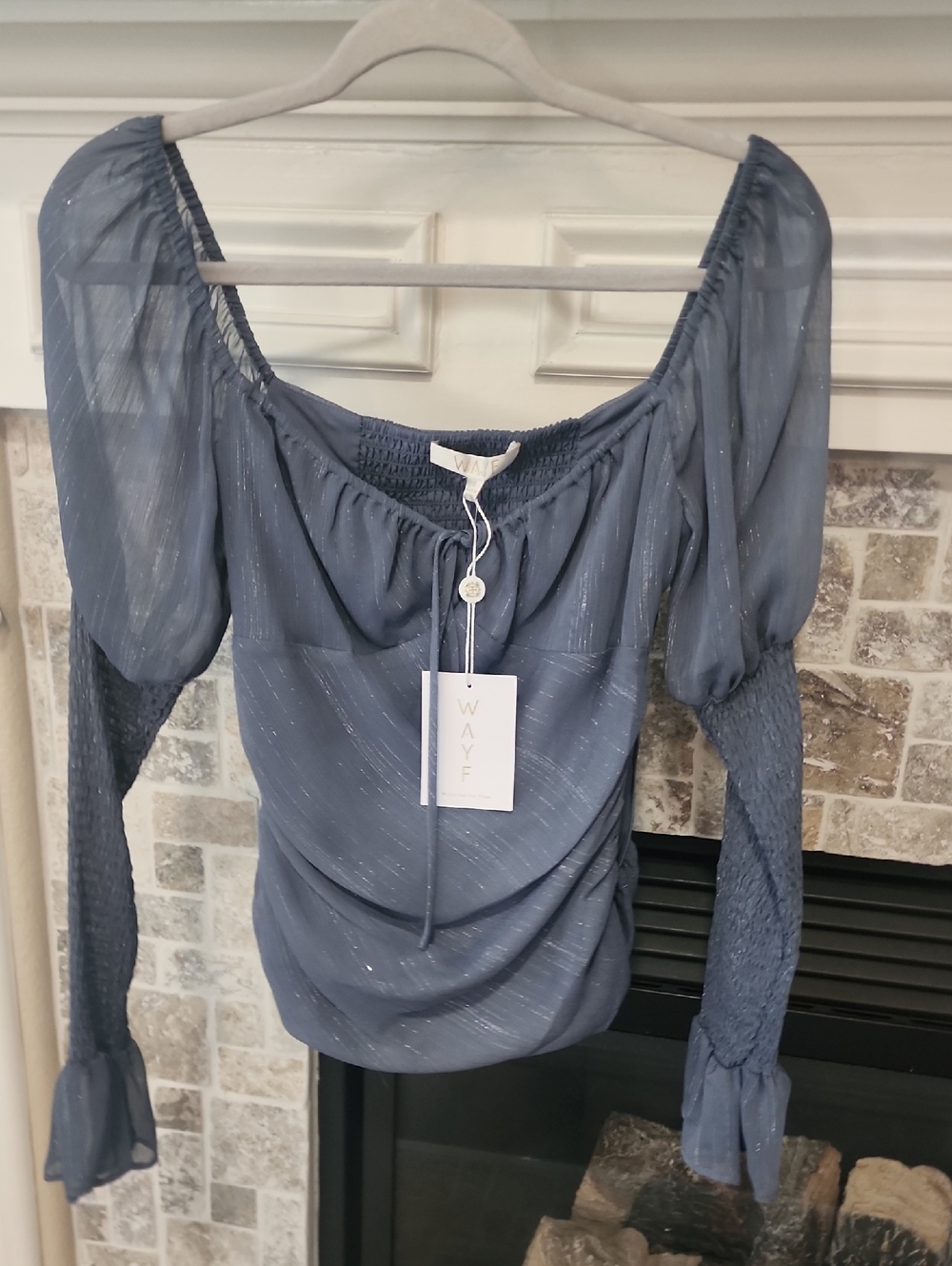 Wayf Slate Blue Shimmery Puff-Sleeve Peasant Top